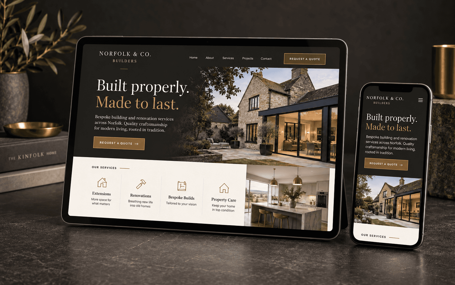 Building company website concept on desktop and mobile