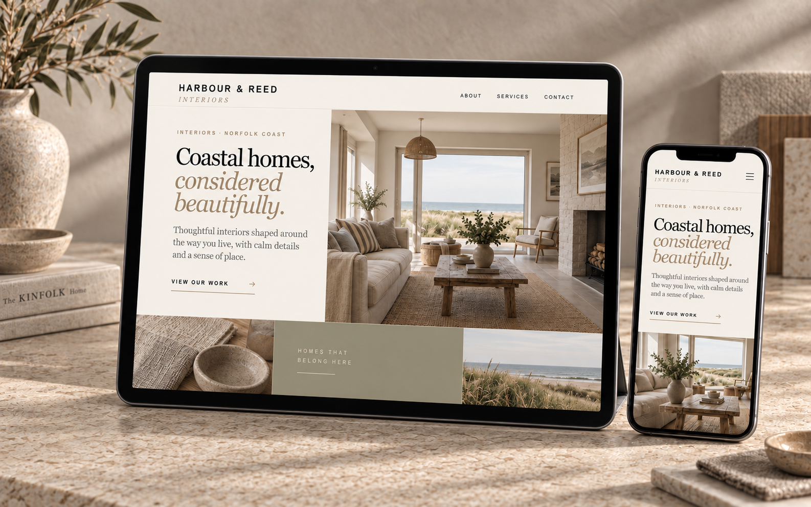 Responsive Harbour and Reed interior-design website concept shown on a laptop and mobile phone