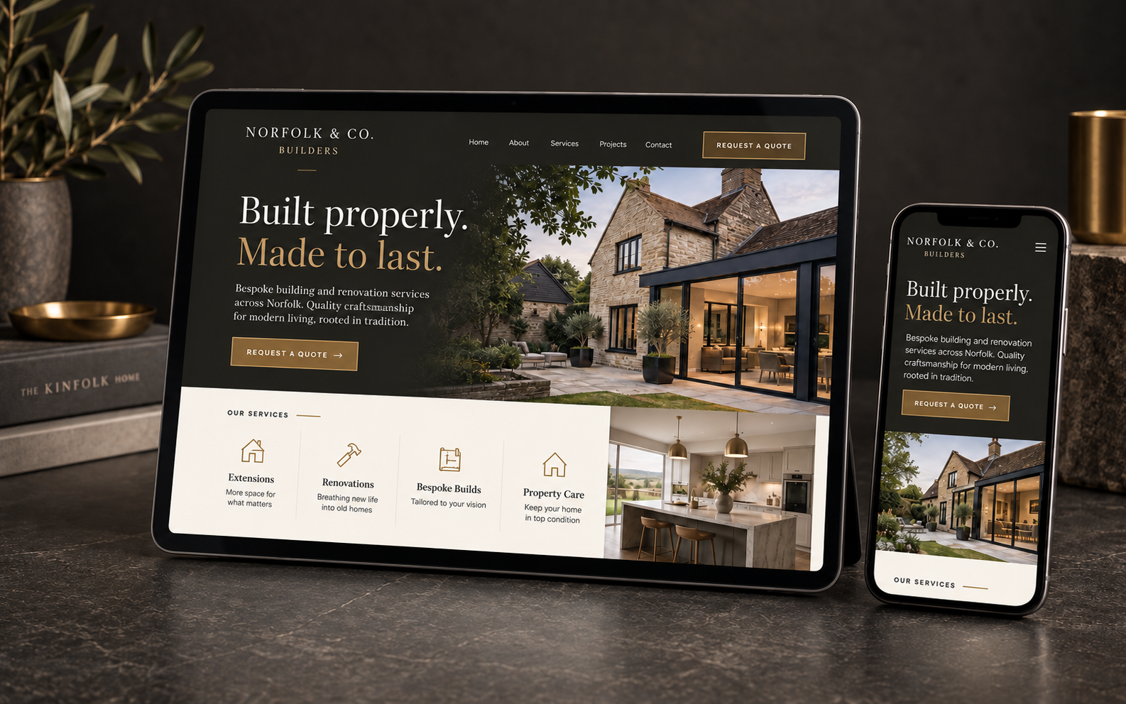 Responsive website concept for a fictional Norfolk building and renovation company, shown on a laptop and mobile phone